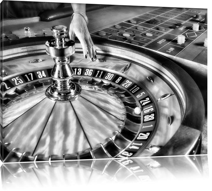 Pixxprint Monocrome, Roulette Tisch in Las Vegas, Format: 100x70 auf Leinwand, 100x70