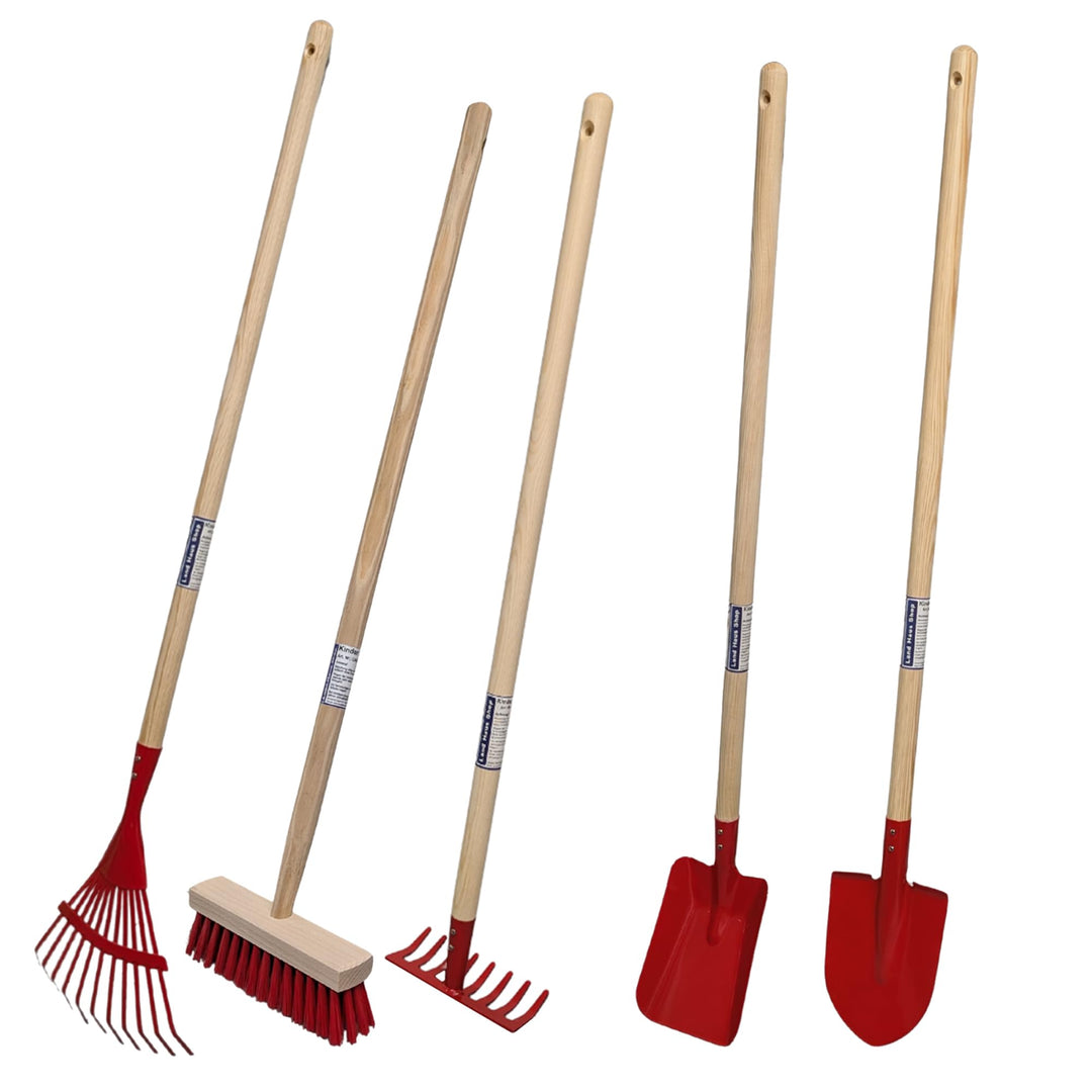 Kinder Gartengeräte Set Besen Harke Rechen Schaufel Garten Geräte Spielzeug (5er Set ROT mit Besen),
