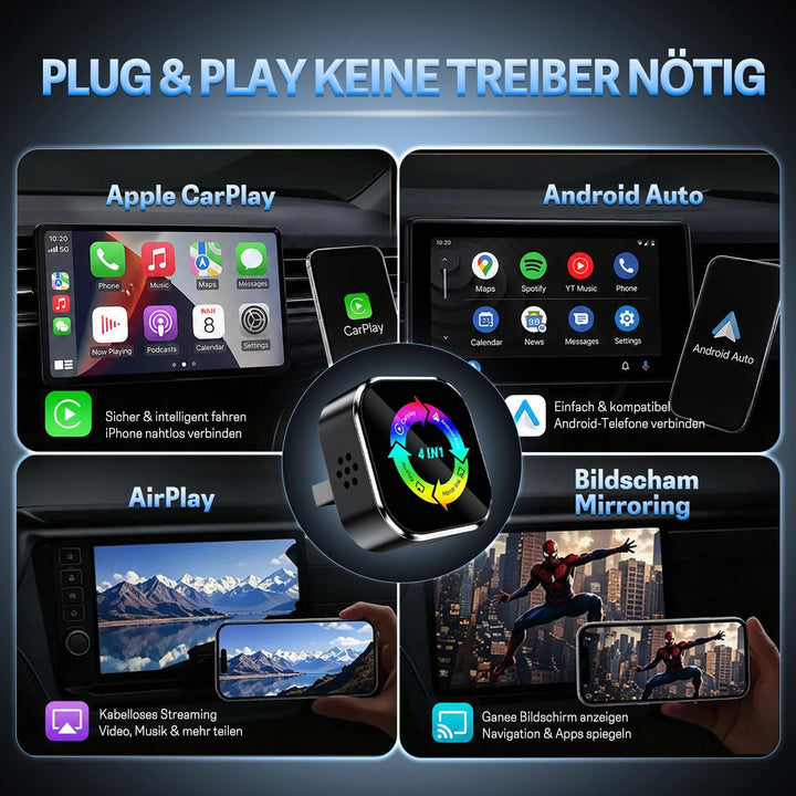 4-in-1 Wireless CarPlay Adapter,Carplay Wireless Adapter Kabelgebunden zu Kabellos für CarPlay &amp; And