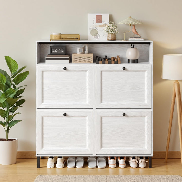 Schuhschrank mit 4 Klappen, Schuhablage Schuhschrank schmal Schuhregal mit offenen Ablagefächern, ve