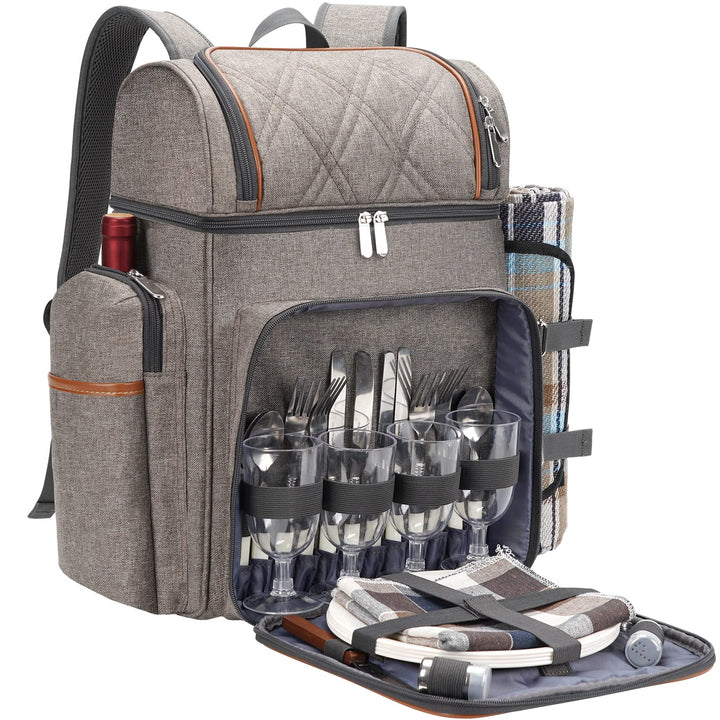 Picknick-Rucksack für 4 Personen, Picknickkorb-Set, auslaufsichere Picknicktasche, Strandkühlrucksac