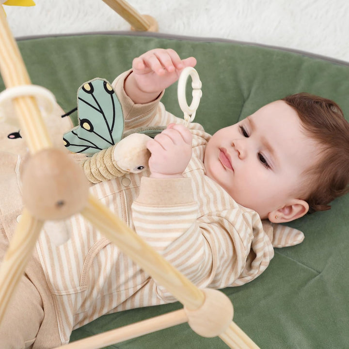 4 IN 1 Blatt Spielbogen Baby, Spielmatte Babies mit Natur Holz Activity Spielbogen, 3 abnehmbaren Sp