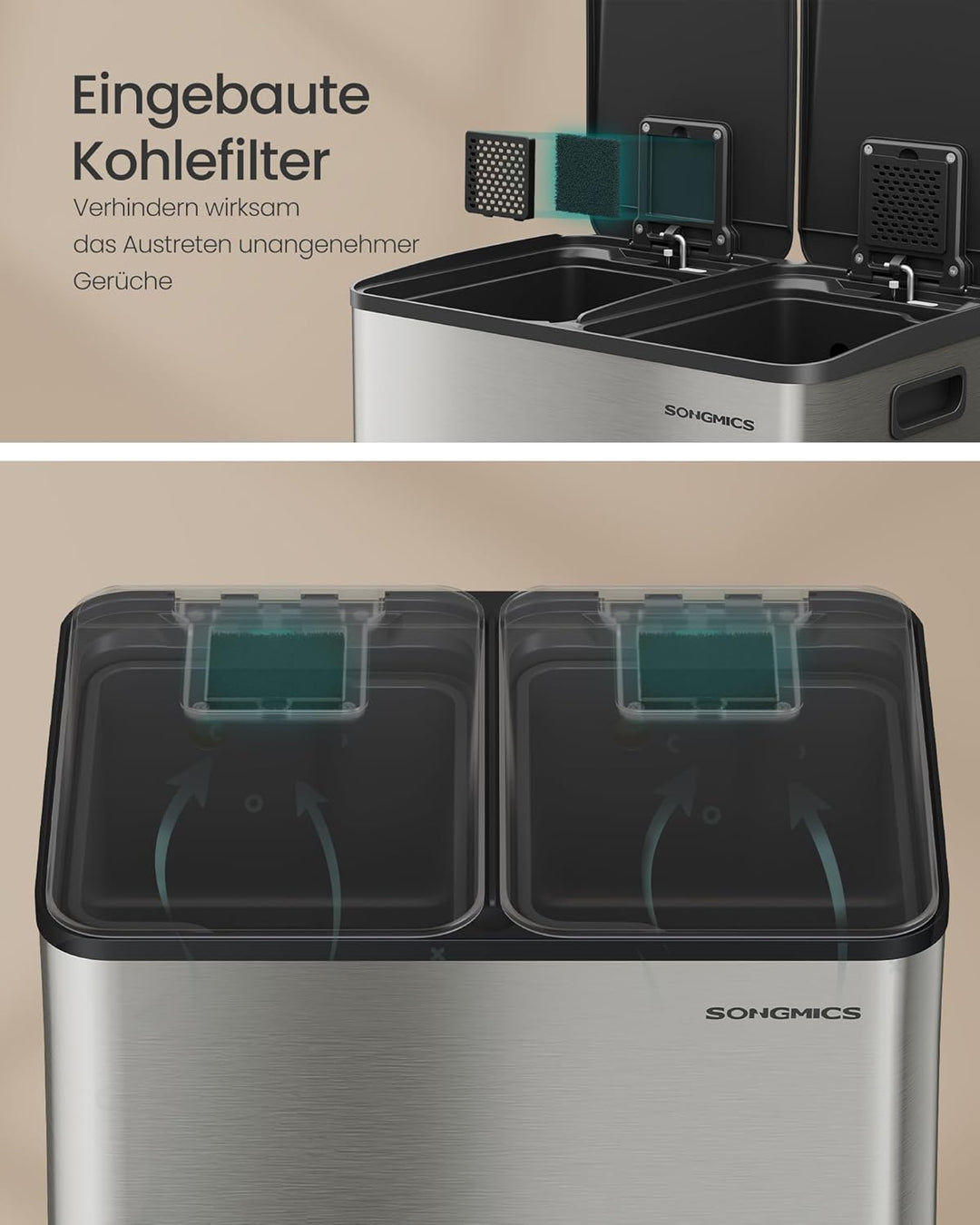 SONGMICS Mülleimer Küche, 2 x 30 Liter, 2 Fächer, Abfalleimer, Tretmülleimer, Küchenmülleimer mit So
