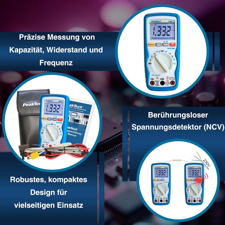 PeakTech 3320 Digitales Multimeter mit TrueRMS, 10 A AC/DC, 6.000 Zähler, tragbares Multimeter, Volt