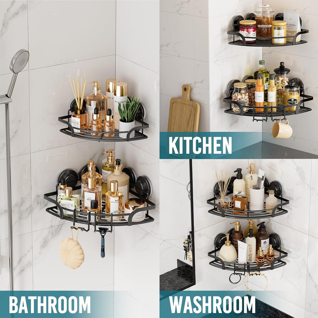 TAILI Duschablage Ohne Bohren,Einstellbar Ecke Dusche Caddy Saugnapf 2er Set Dusche Zubehör mit Hake