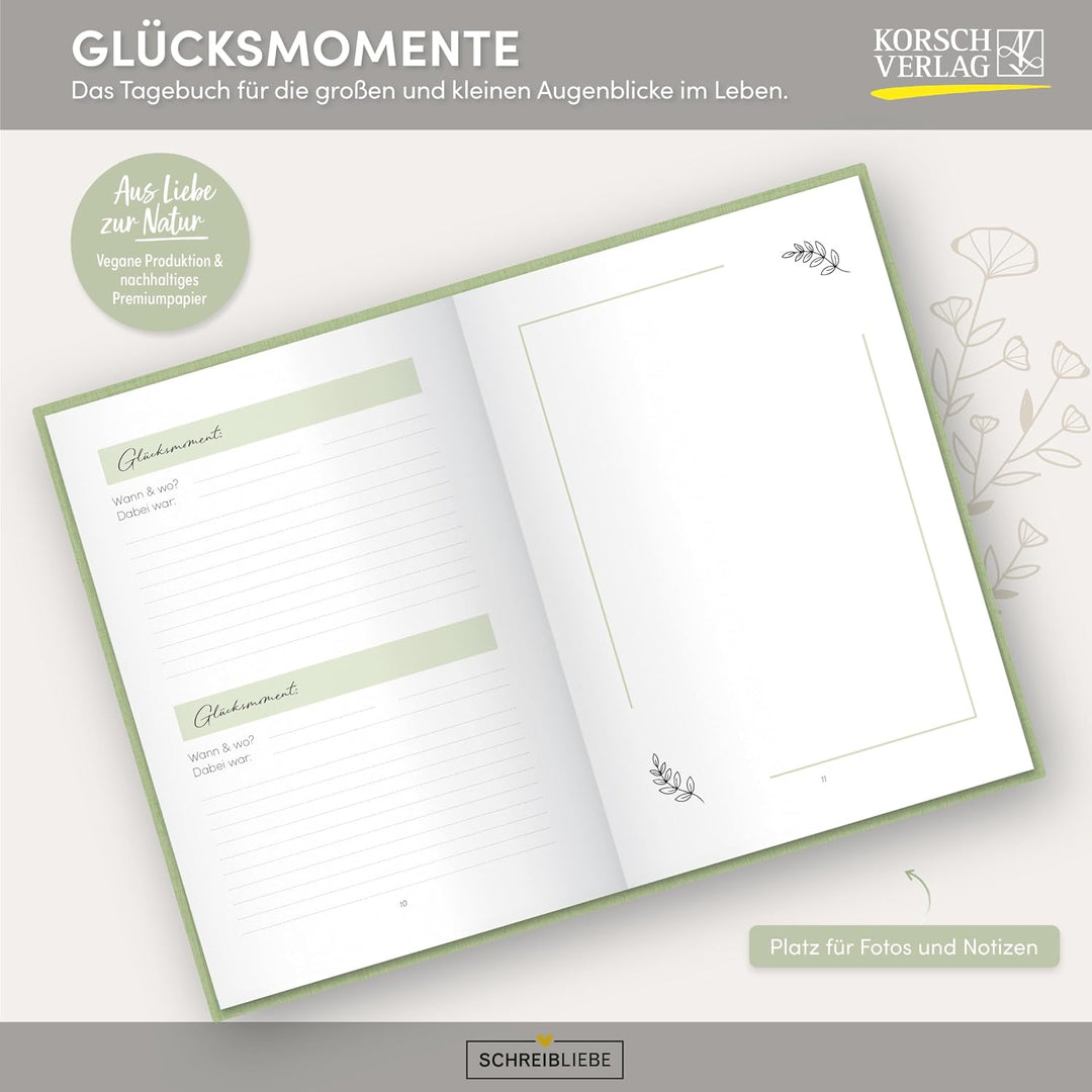 Glücksmomente Green: Notizbuch, Ausfüllbuch mit Goldveredelung, Lesebändchen, Zetteltasche und Gummi