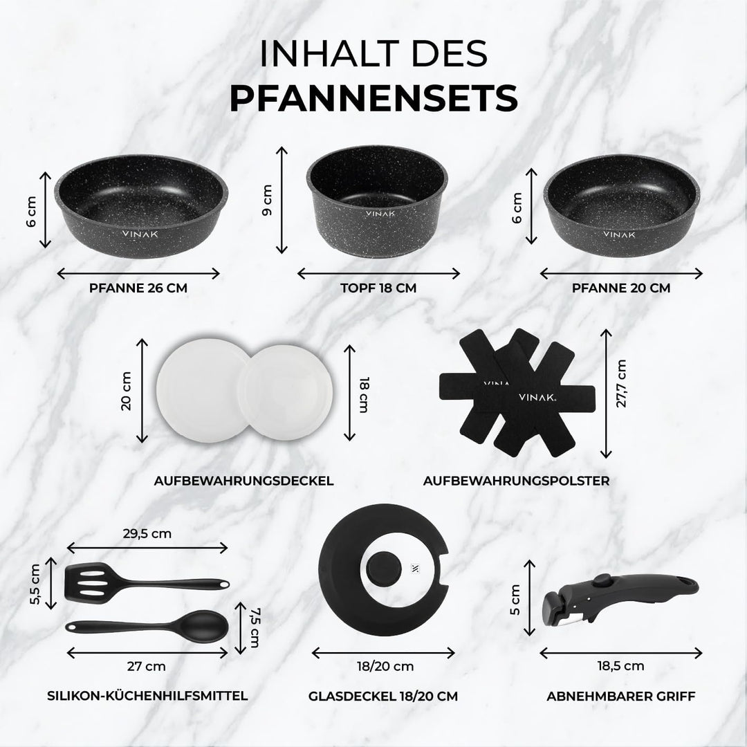 VINAK – Bratpfannen-Set mit abnehmbarem Griff | Antihaftbeschichtung | 11 STÜCK - 26 + 20 cm Bratpfa