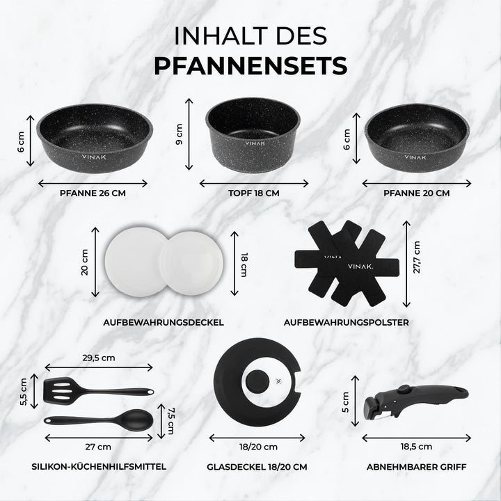 VINAK – Bratpfannen-Set mit abnehmbarem Griff | Antihaftbeschichtung | 11 STÜCK - 26 + 20 cm Bratpfa