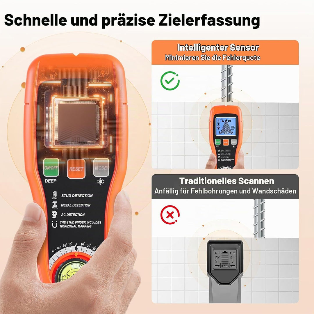 7-in-1 Leitungssuchgerät Leitungssucher Wandscanner mit 3 Holz-Modi, Metall,AC,Wasserwaage + Nail Fi