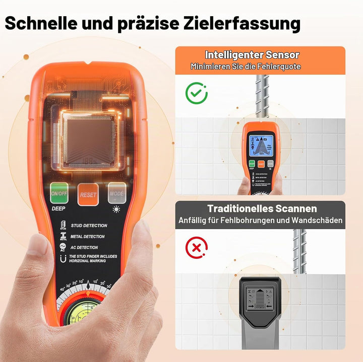 7-in-1 Leitungssuchgerät Leitungssucher Wandscanner mit 3 Holz-Modi, Metall,AC,Wasserwaage + Nail Fi