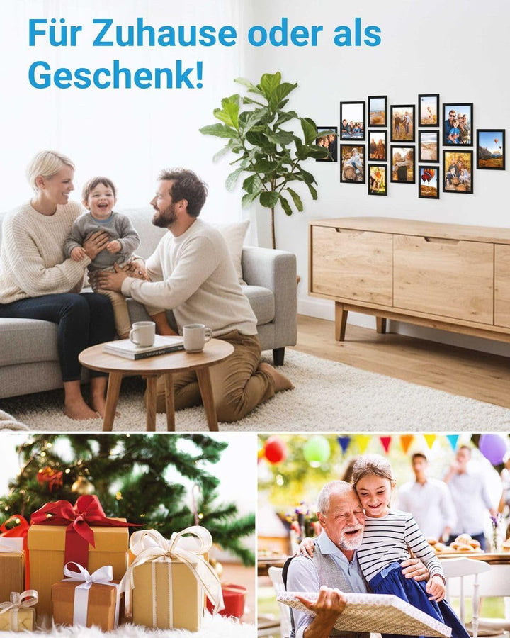 PHOTOLINI Schwarze Bilderrahmen Set verschiedene Grössen, Bilderwand Collage 14 Rahmen, Bilderrahmen