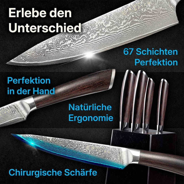 BEM Saiko 6-tlg. Damastmesser Japanisches Messerset VG-10 Stahl Messerblock | Damast Knife Set mit D