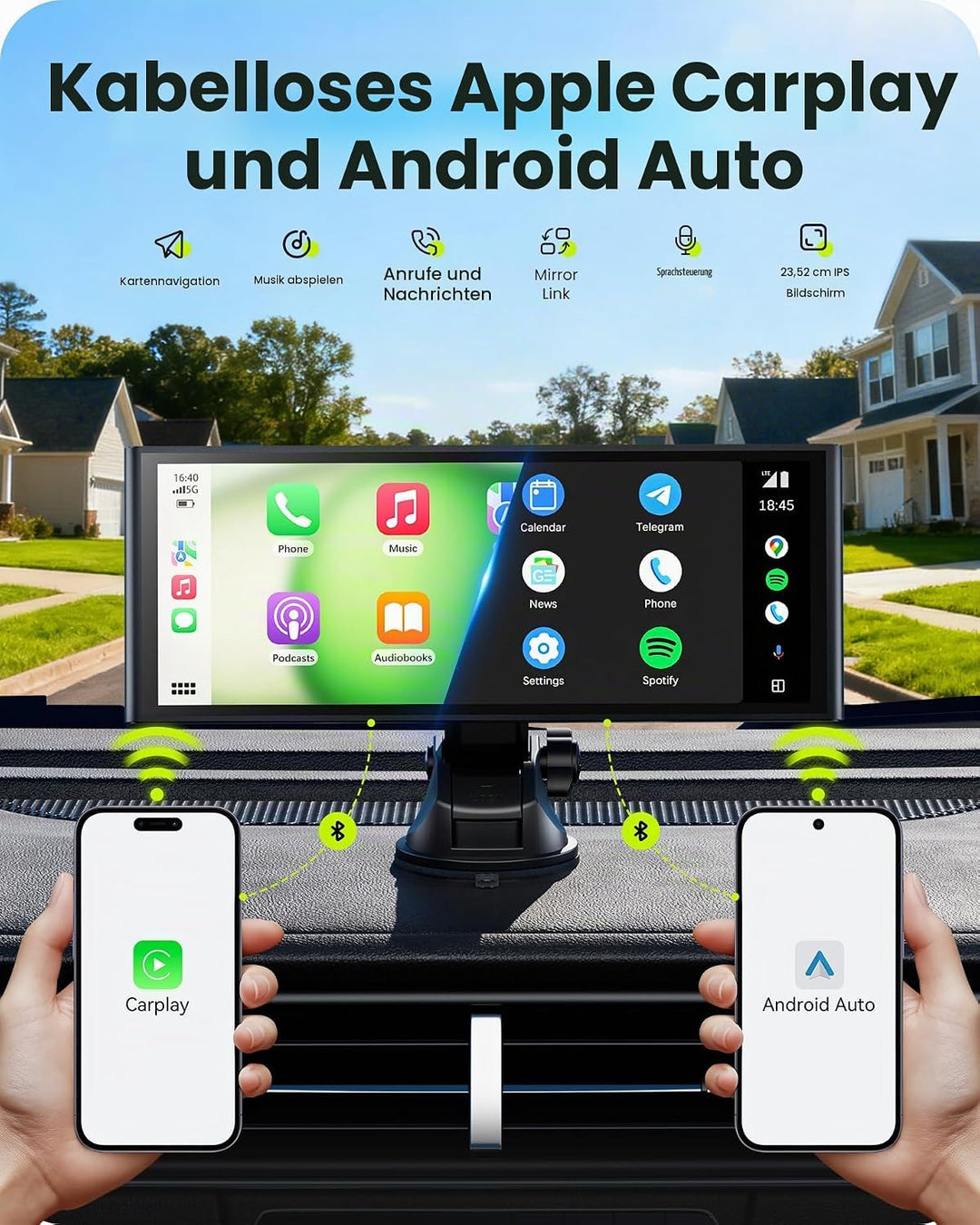 9,26" Wireless Car Play Display für Apple CarPlay &amp; Android Auto – Tragbares Auto-Display mit Rückfa