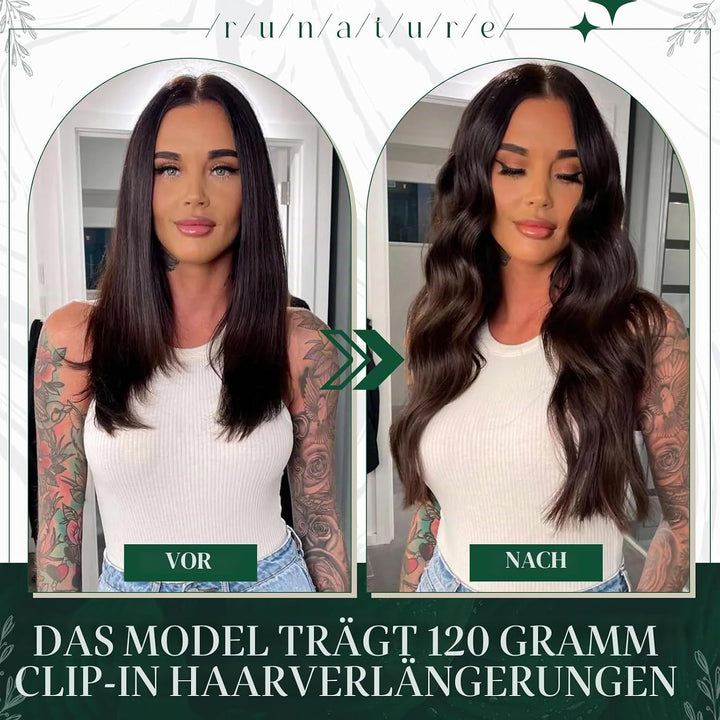 RUNATURE Clip in Extensions Echthaar Schwarz 35cm 3pcs Echthaar Extensions Clip Seamless Haarextensi