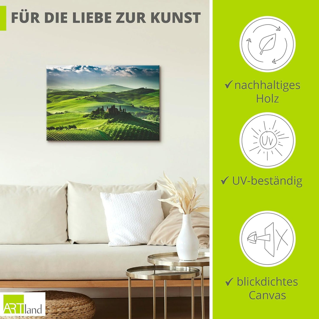 ARTland Leinwandbilder Wandbild Bild auf Leinwand 120x80 cm Landschaften Felder Fotografie Grün Sonn