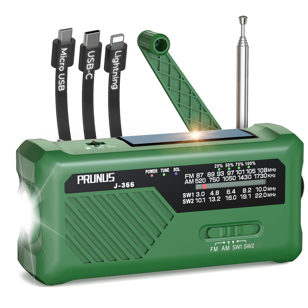 PRUNUS J-366 FM/AM/SW Kurbelradio Notfall Weltempfänger, Radio Batteriebetrieben oder 2000mAh Akku,