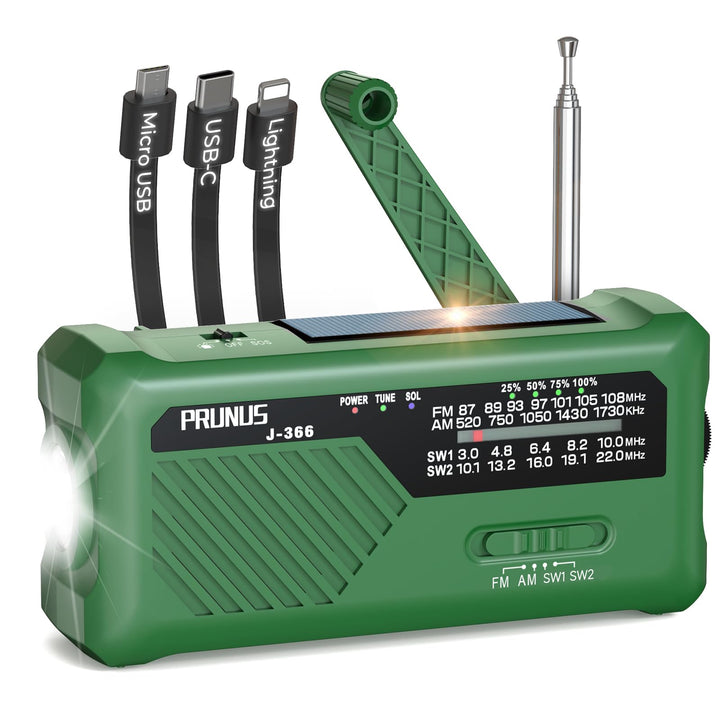 PRUNUS J-366 FM/AM/SW Kurbelradio Notfall Weltempfänger, Radio Batteriebetrieben oder 2000mAh Akku,