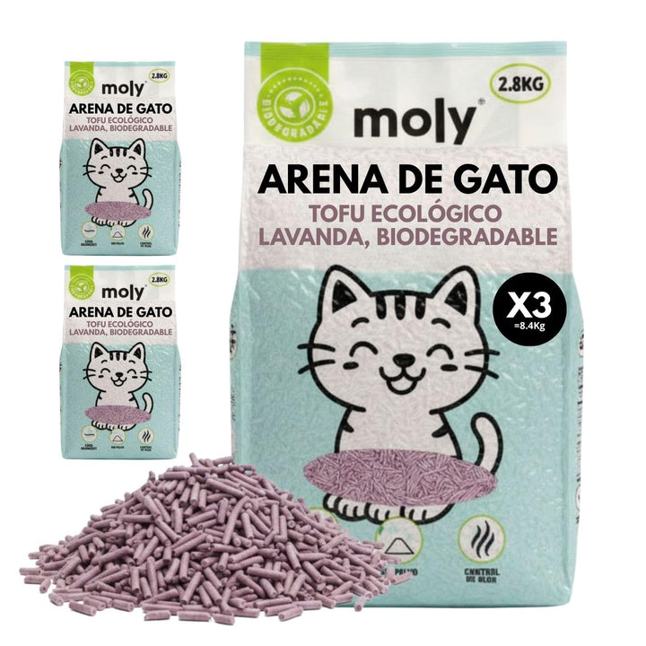 MOLY 3 x Tofu und Lavendel-Katzenstreu, 8,4 kg, 11,1 l, biologisch abbaubar und stark absorbierend,