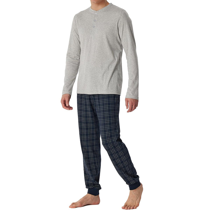 Schiesser Herren Schlafanzug lang mit Knopfleiste warme Baumwolle - Interlock 60 Grosse Grössen Grau