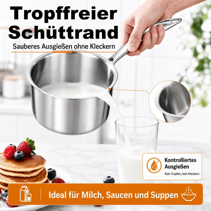 DELARLO Stielkasserolle 14 cm, 1 L Kochtopf mit Glasdeckel | Durchgehend 3-lagige Konstruktion, Glei