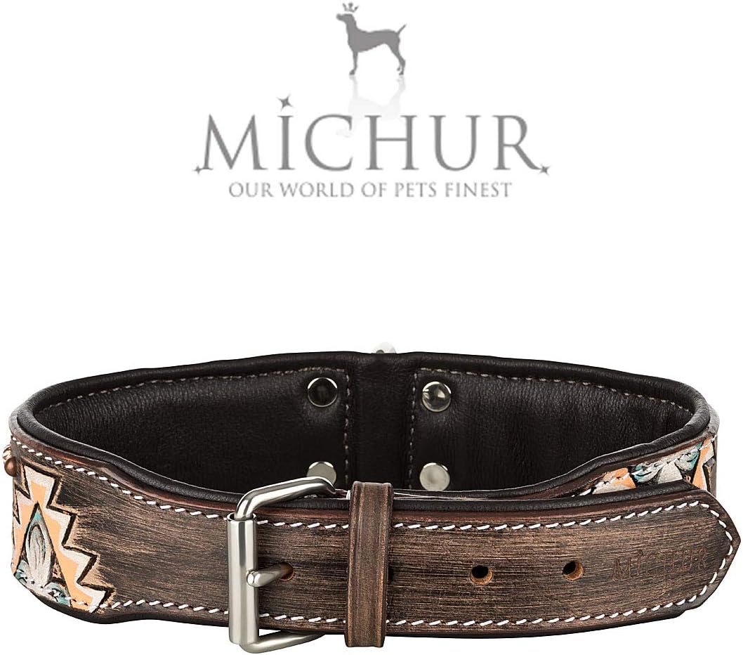 MICHUR Halona Hundehalsband Leder, Lederhalsband Hund, Halsband, Leder, Indianer, Schwarz Braun, in