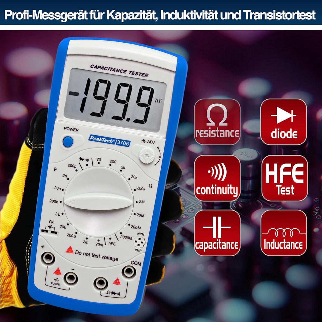 PeakTech Digital Kapazitätsmessgerät 20MF / Widerstandmessgerät 2000 Mohm/Durchgangsprüfer/DIODEN Te
