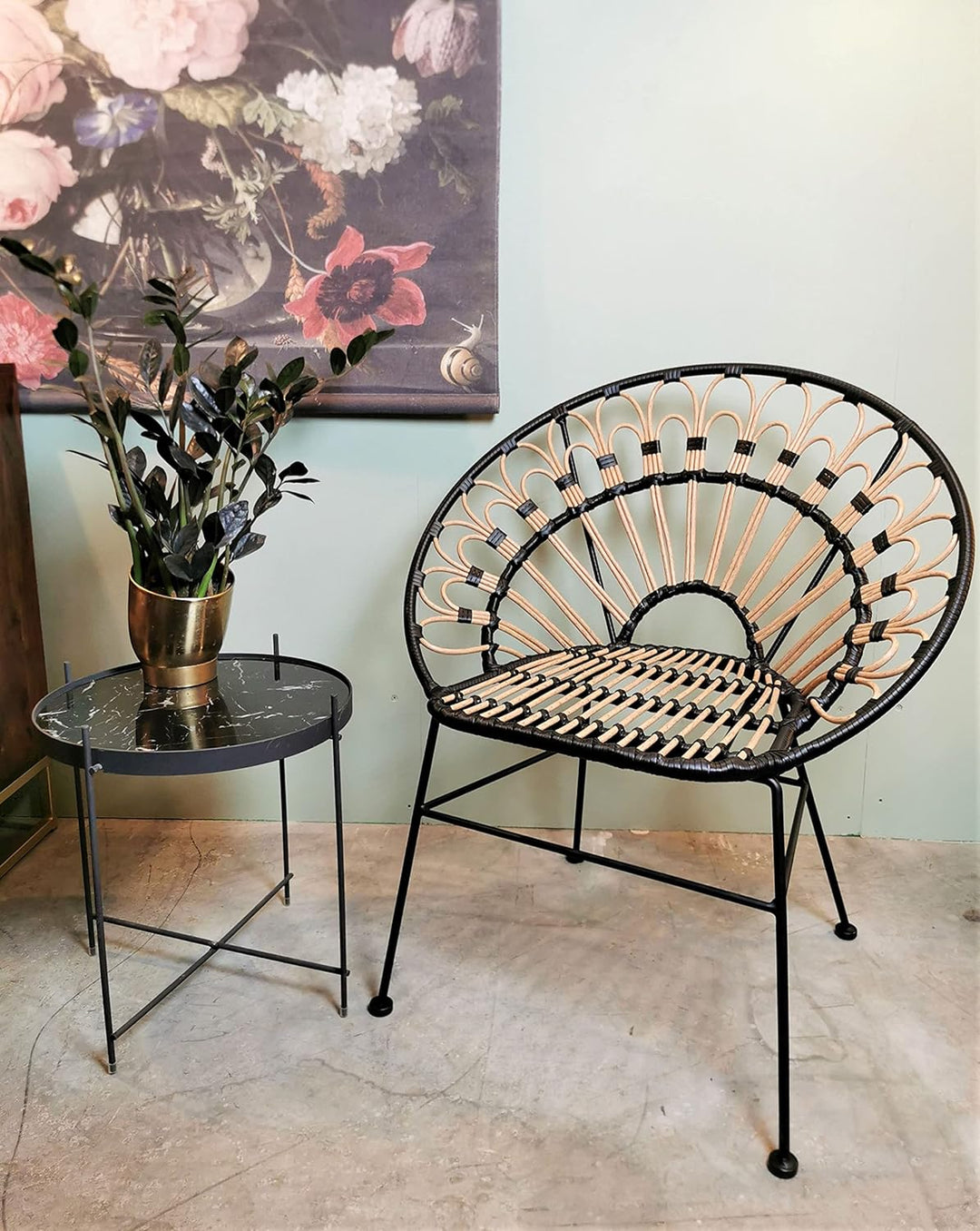 Vintagehaus Gartensessel Hacienda Rattan Peacock In/Outdoor Black Gartenstuhl