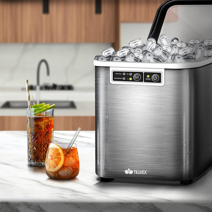 tillvex Eiswürfelmaschine Edelstahl 12 kg - 24 h | Eiswürfelbereiter 2,2 Liter Wassertank | Ice-Make