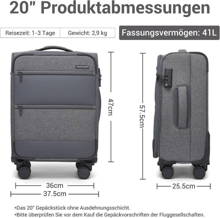 British Traveller Handgepäck Koffer Stoff, 41 Liter-Leichter Weichgepäckkoffer mit separatem Laptop-