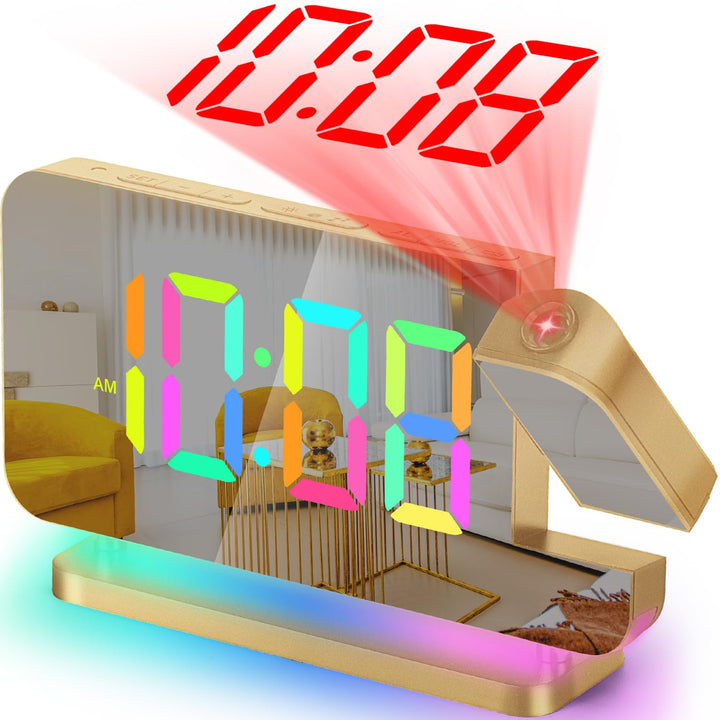 SZELAM Projektion Wecker - LED Spiegel Digitaluhr Grosses Display mit RGB Nachtlicht USB C Ladestati