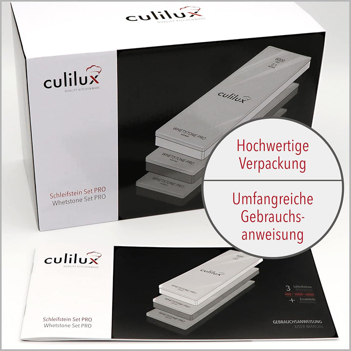 CULILUX Pro Schleifstein Profi Set XL Wetzsteine Körnung 400 1000 6000 auf Glas doppelseitige Leder-