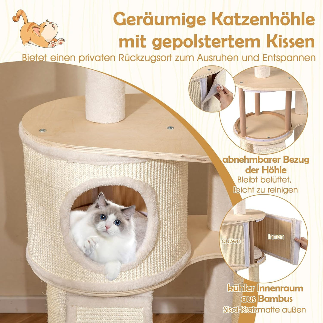 COSTWAY Kratzbaum Holz 143 cm, Katzenbaum mit Kratztonne, Sisal-Kratzsäulen, Plattform, Sisalbrett,