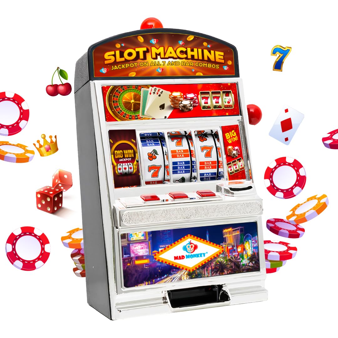 Mad Monkey Slot Machine Spardose XL, Spardose im Spielautomaten-Design mit Licht und Sound, Geldspie