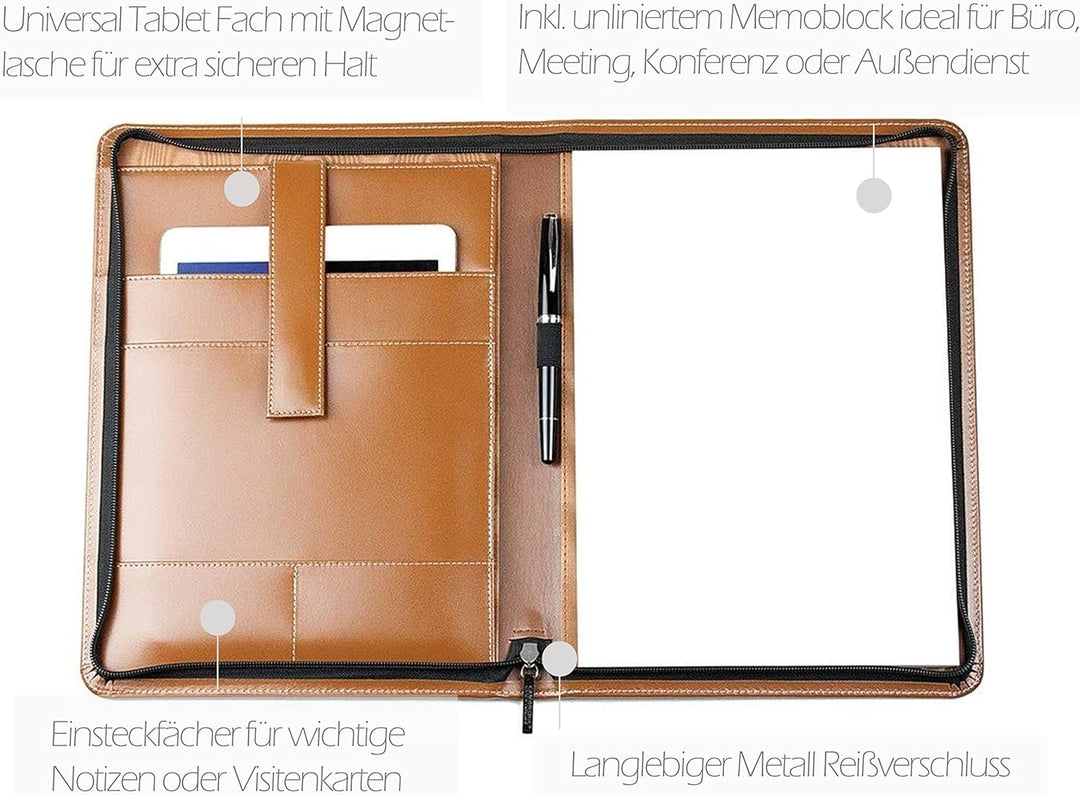 DELMON VARONE - Personalisierbare Tablet Schreibmappe DIN A4 aus Cambridge Top Grain Leder braun, Bu