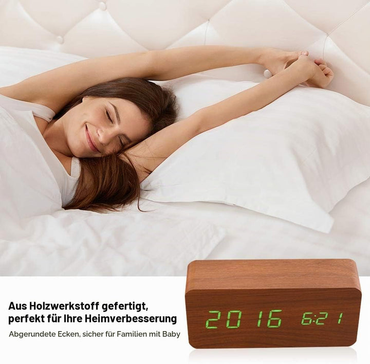 Digitaler Wecker Hölzerner, Leise LED-Anzeige Einstellbare Helligkeit/Sound Control, Tischuhr Indika