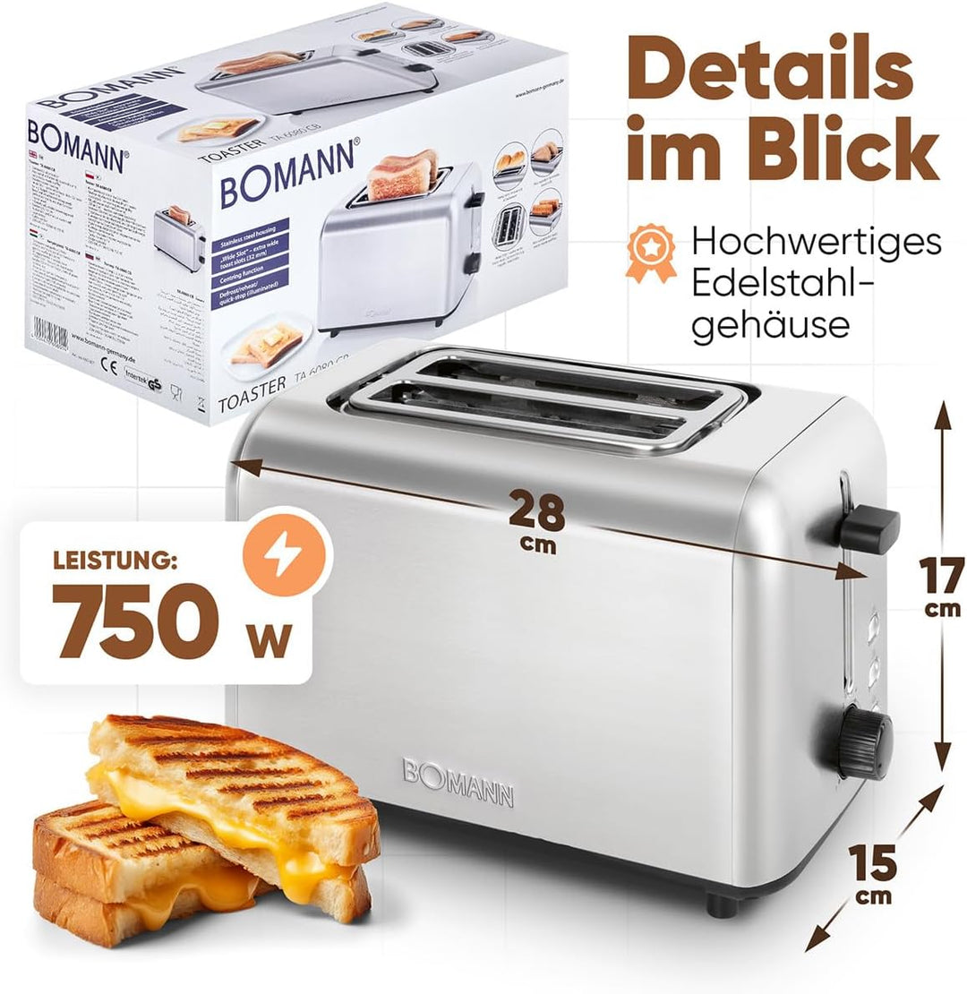 Bomann® Toaster 2 Scheiben | integrierter Brötchenaufsatz | extra breite Toastschlitze | Auftau-/Auf