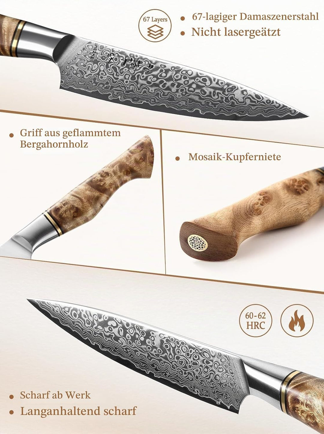 HEZHEN 12.5cm Universalmesser,scharfe Klinge-Damaskus Stahl Rosenmuster-Multifunktionales VG10 Gemüs
