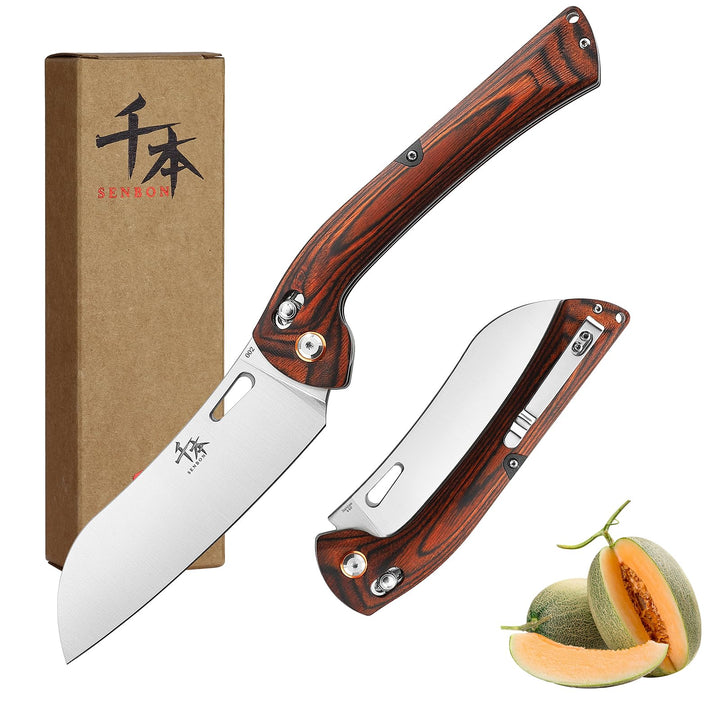 SENBON 440 Stainless Steel Super Sharp Folding Chef Knife With Colorful Wood Handle for Camping, Bar