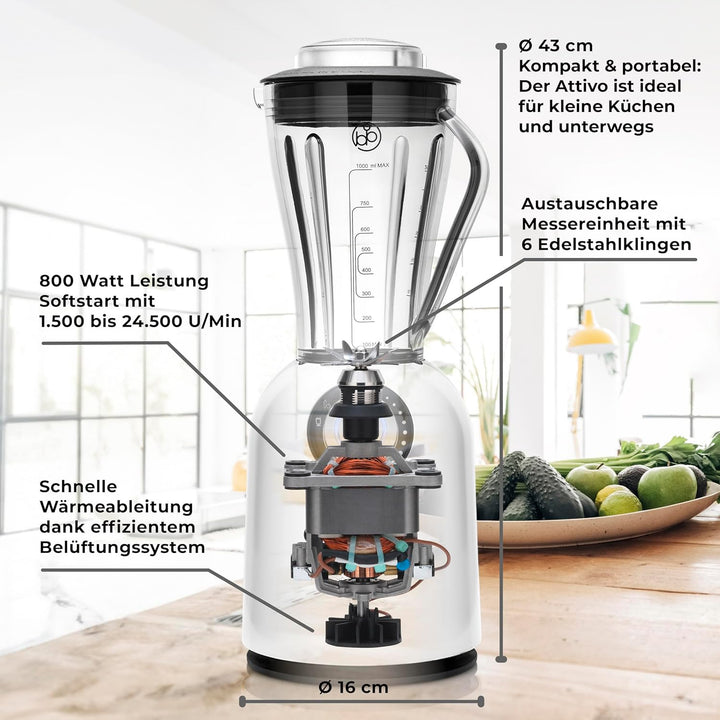 bianco di puro Hochleistungsmixer Attivo bis 24.500 U/Min Smoothie Maker inkl. Sport-To-Go Mixbecher