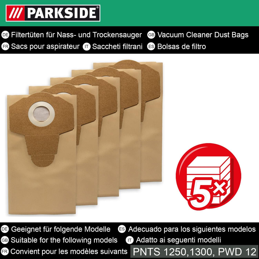 Parkside Original Staubsaugerbeutel 5 Stück für LIDL Nass-Trockensauger PNTS 1250, 1250/9, PNTS 1300