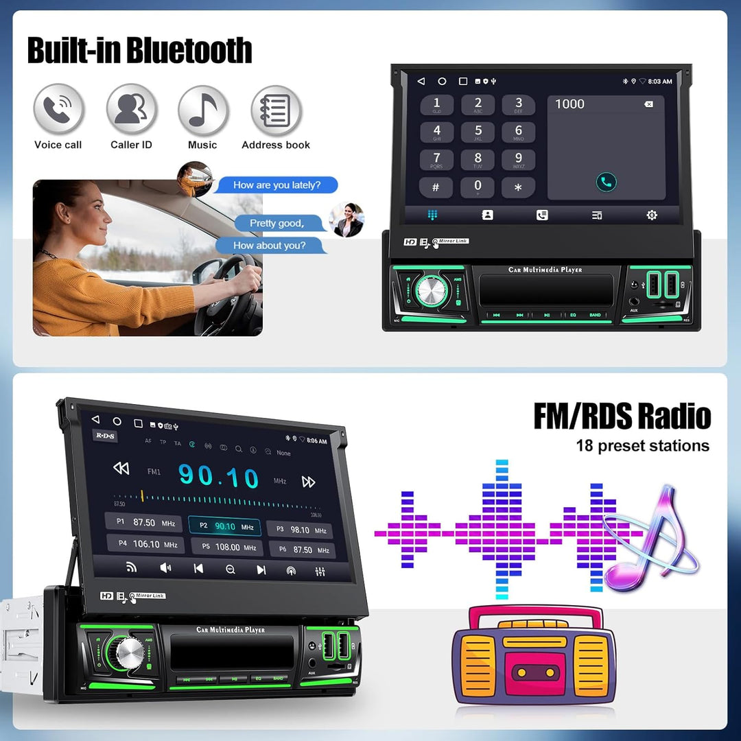 CAMECHO [Android 15] 2+64G 7 Zoll Autoradio 1 Din Wireless Carplay Touchscreen Navi Radio Ausfahrbar