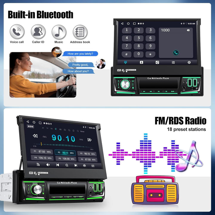 CAMECHO [Android 15] 2+64G 7 Zoll Autoradio 1 Din Wireless Carplay Touchscreen Navi Radio Ausfahrbar