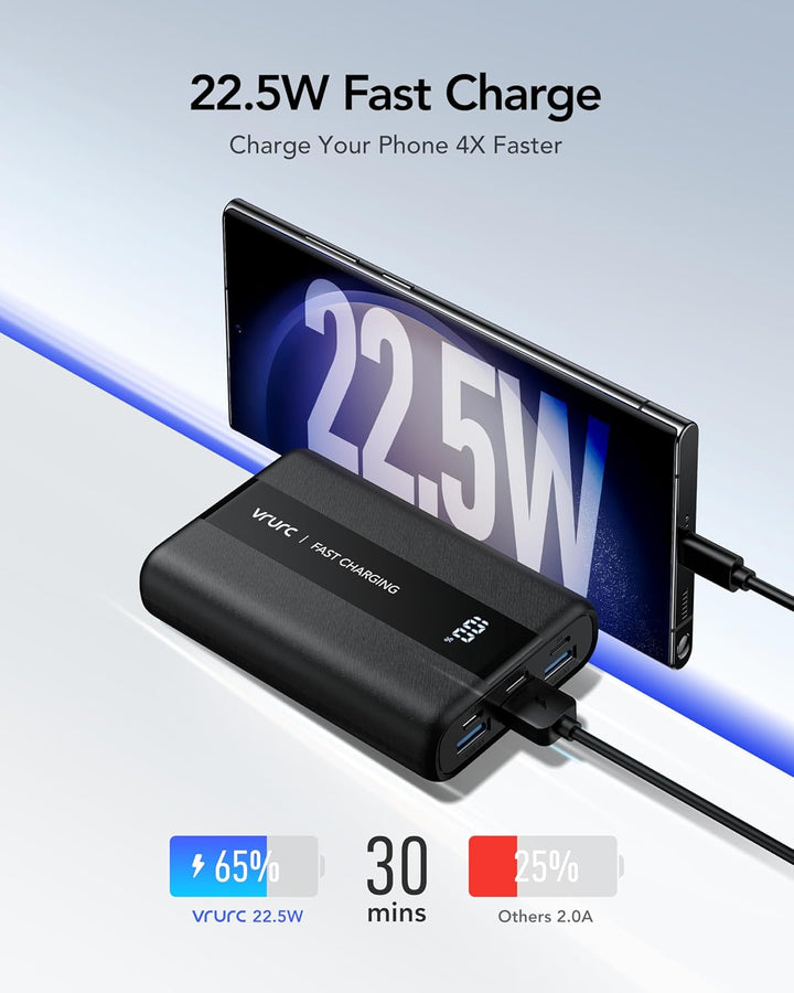 VRURC Powerbank 20000mAh Klein & Kompakt, Mini Externer Akku mit LED Display, USB-A 22.5W Schnelllad