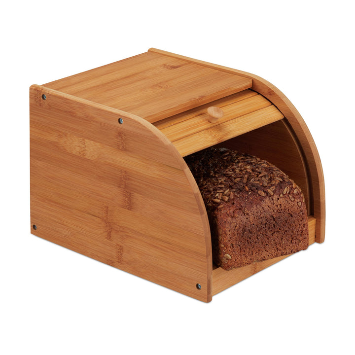 Relaxdays Brotkasten Bambus, rollbare Frontklappe, aromadichte Brotaufbewahrung, Rollbrotkasten, HBT