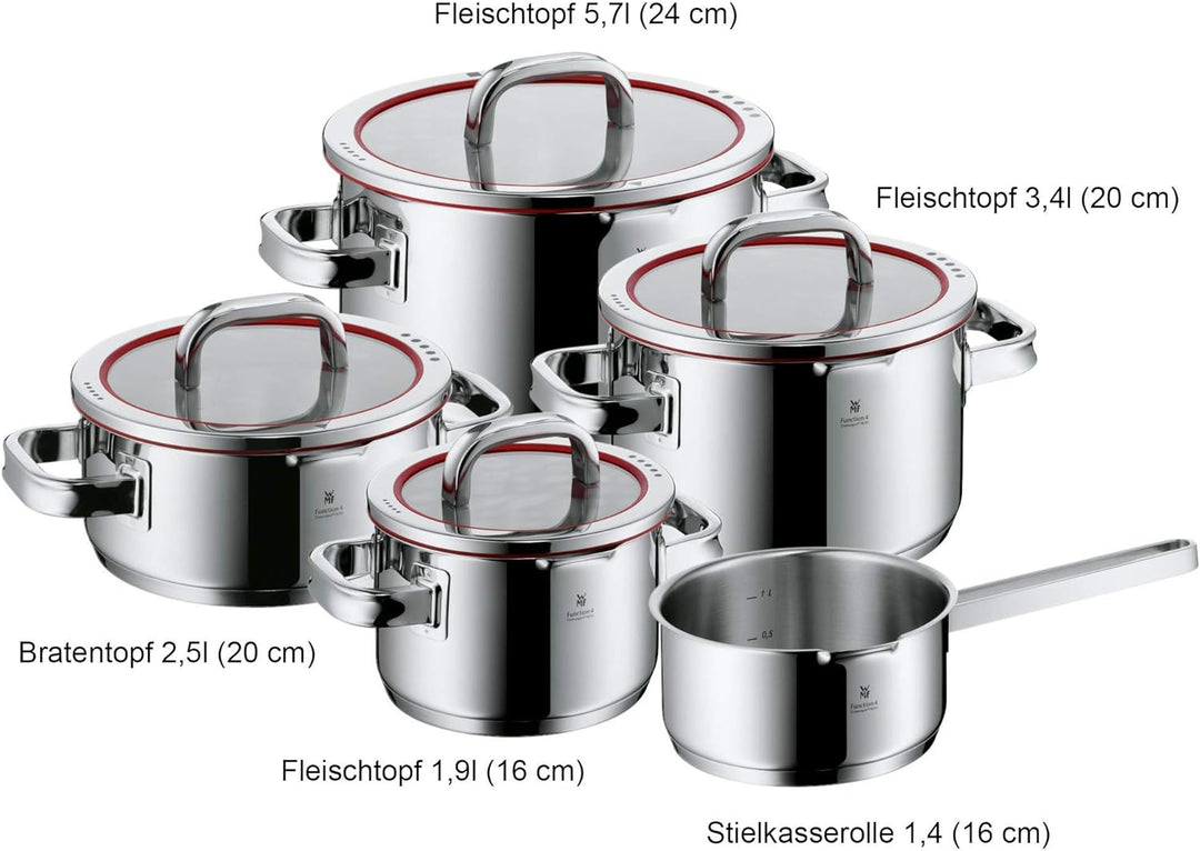WMF Function 4 Topfset Induktion 5-teilig, Glasdeckel mit 4 Abgiessfunktionen, Cromargan Edelstahl p