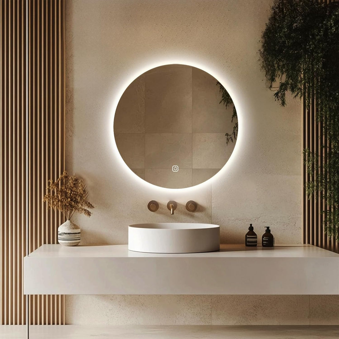 Rund Badezimmer Wandspiegel, Badspiegel Mit Beleuchtung, 60cm Spiegel mit LED Licht, Touch Schalter