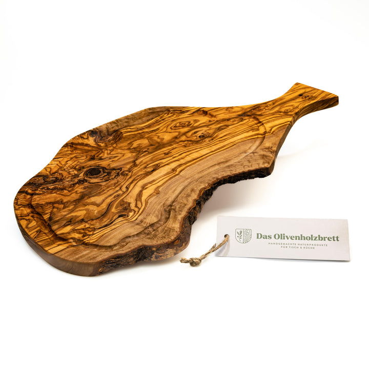 DAS OLIVENHOLZBRETT® Schneidebrett aus Olivenholz mit Saftrille und Griff im Naturschnitt/Steakbrett