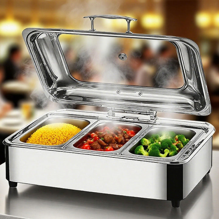 Chafing Dish Elektrisch, 9L Edelstahl Speisewärmer Buffetwärmer mit Sichtbarem Glasdeckel, Einstellb
