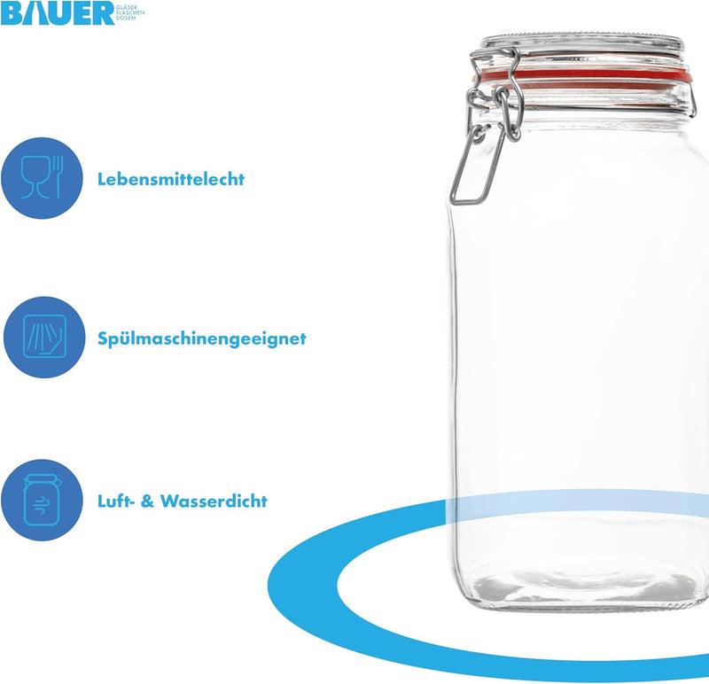 Flaschenbauer- 3 Drahtbügelgläser 2590ml verwendbar als Einmachglas und Fermentierglas, zu Aufbewahr