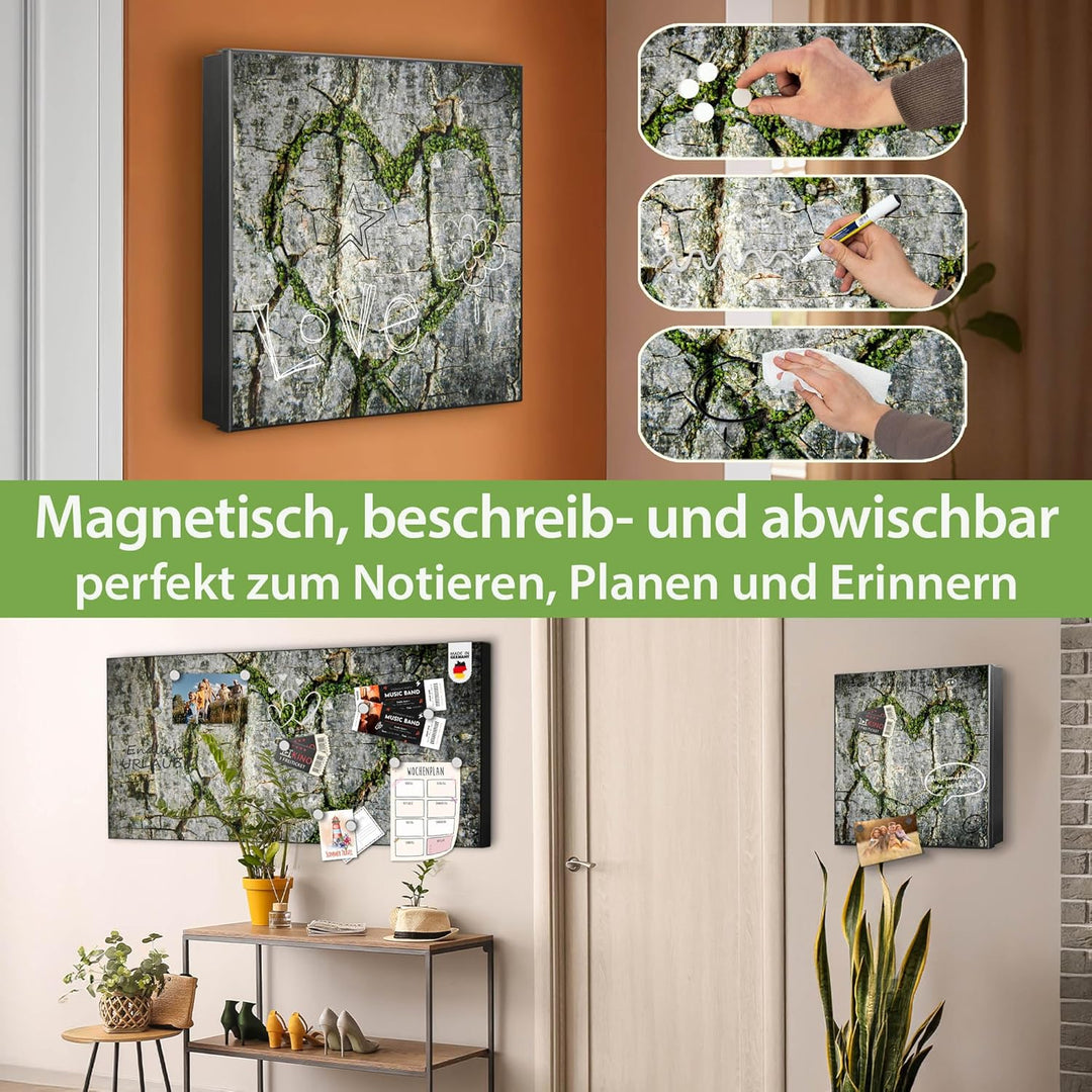 banjado® Grosser Schlüsselkasten Glas/Schlüsselbox 30cm x 30cm mit 50 Haken - Motiv Herz Aus Moos/Sc